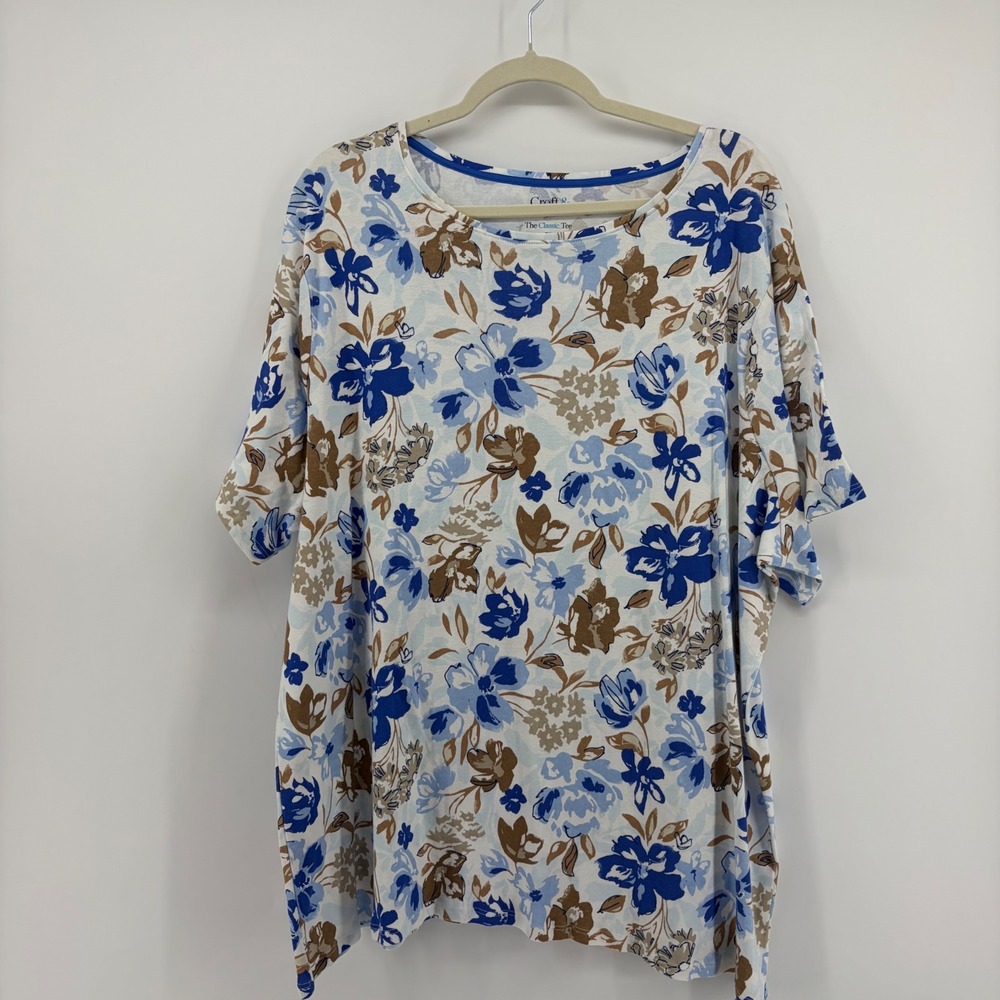 Croft & Barrow Womens 3X White Blue Floral Short Sleeve The Classic Tee Top